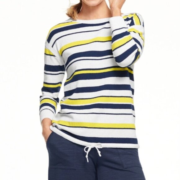 TALBOT MEDIUM BLUE/YELLOW/WHITE STRIPED NAUTICAL STYLE SWEATER WITH 3/4 SLEEVE - Picture 1 of 14